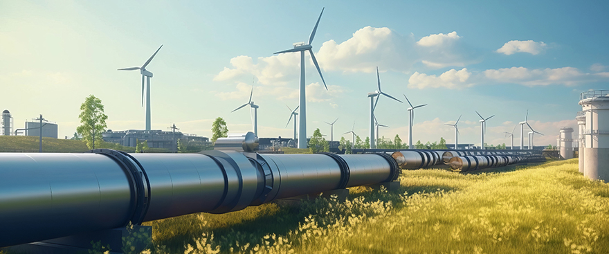Hydrogen pipeline with wind turbines